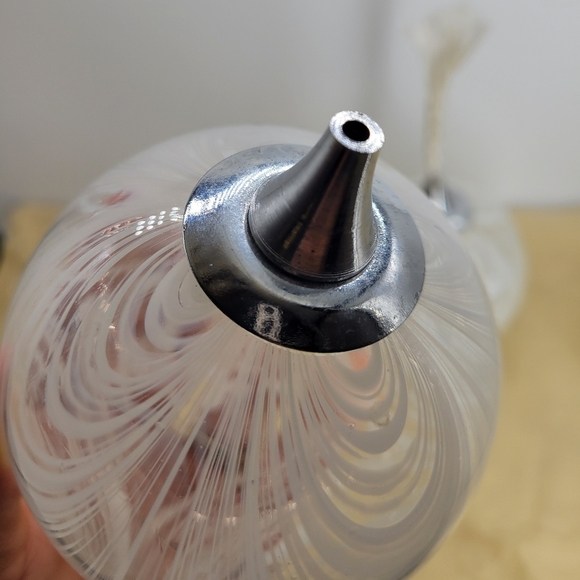 Hand-Blown Swirled White Glass Oil Lamps with Vintage Metal Wick Holders Set TWO - Picture 6 of 13